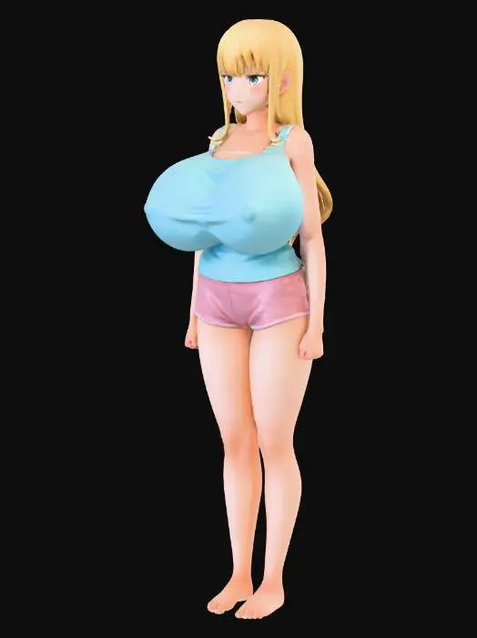 3D model for Create a single full-body 3D character model that EXACTLY matches the provided reference image. One subject only. Preserve identical body proportions, height, pose, posture, silhouette, and camera perspective. Do NOT resize, exaggerate, reduce, lift, round, or alter any anatomy. Bust size, weight, gravity, projection, spacing, and natural asymmetry must remain identical to the reference. Keep the same neutral standing pose, relaxed arms, leg spacing, and balance. Match clothing precisely: light blue sleeveless tank top with identical fabric tension and stretch over the chest, pink shorts with same fit, seam placement, and length. Match hairstyle exactly: long straight blonde hair, same bangs, length, volume, and fall. Match facial structure and expression exactly with no beautification. Ne