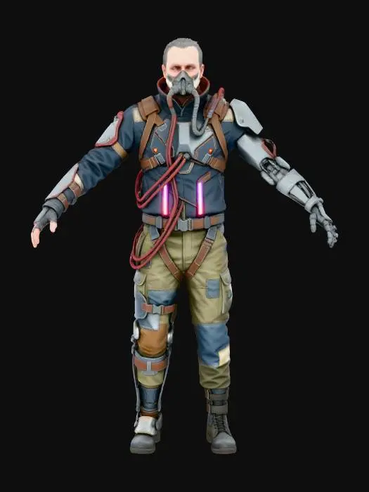 3D model for High-detail 3D cyberpunk character inspired by Cyberpunk 2077, full body, T-pose, cinematic quality.
Strong variation encouraged: different body types, heights, genders, ages, silhouettes and cybernetic augmentations.
Dark gothic sci-fi aesthetic with industrial mood, asymmetrical shapes and sharp details.
Randomized techwear outfits mixed with gothic elements: leather, metal plates, cables, implants, mechanical limbs, glowing tech.
Space-adapted gear with reinforced materials and life-support elements.
Dark color palette (black, deep purple, crimson) with controlled neon accents.
High poly sculpt, clean topology, advanced PBR materials.
Studio lighting, neutral background, no environment, ultra sharp realism.