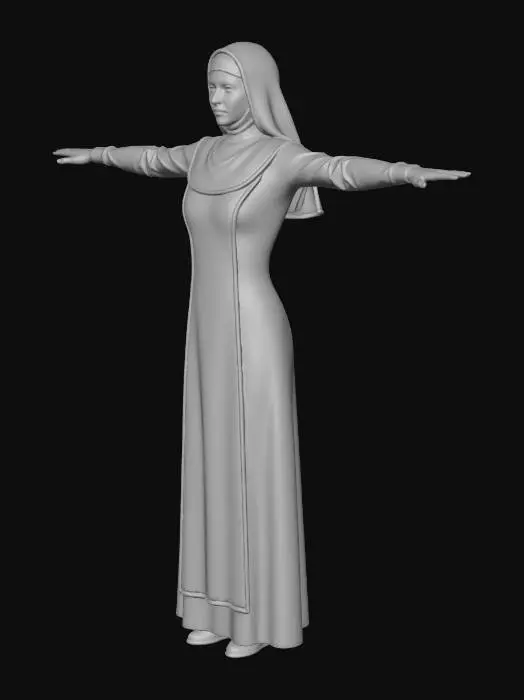 3D model for A realistic 3D female religious character, gothic-inspired, full body, centered, T-pose, arms extended horizontally, legs straight and slightly apart. Neutral expression. Wearing light-colored religious garments (light gray or beige), modest and elegant, inspired by a nun’s habit. Clothing fits naturally to the body, no oversized parts, no floating fabric, minimal folds, clean silhouette. Realistic feminine proportions, natural anatomy, subtle curves. Pale to neutral skin tone, refined facial features, calm gaze. Plain white or light gray background, no environment. Even studio lighting, soft shadow under feet only. High-detail realistic textures, scan-like quality, optimized for accurate 3D character reconstruction.