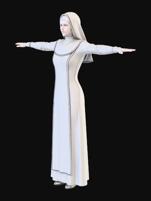 3D model for A realistic 3D female religious character, gothic-inspired, full body, centered, T-pose, arms extended horizontally, legs straight and slightly apart. Neutral expression. Wearing light-colored religious garments (light gray or beige), modest and elegant, inspired by a nun’s habit. Clothing fits naturally to the body, no oversized parts, no floating fabric, minimal folds, clean silhouette. Realistic feminine proportions, natural anatomy, subtle curves. Pale to neutral skin tone, refined facial features, calm gaze. Plain white or light gray background, no environment. Even studio lighting, soft shadow under feet only. High-detail realistic textures, scan-like quality, optimized for accurate 3D character reconstruction.