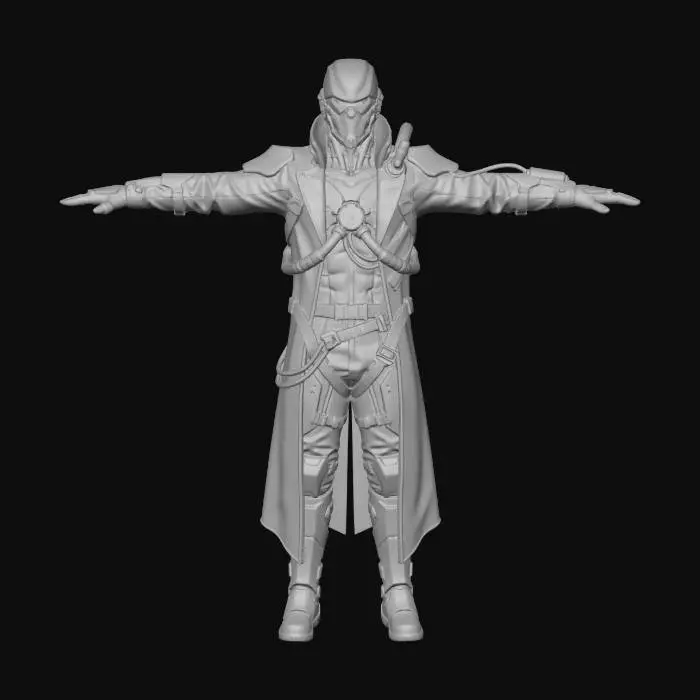 3D model for High-detail 3D cyberpunk character inspired by Cyberpunk 2077, full body, T-pose, cinematic quality.
Futuristic gothic aesthetic: dark silhouettes, sharp shapes, industrial cybernetic implants, glowing neon accents.
Techwear outfit mixed with gothic elements: leather, metal plates, cables, mechanical details.
Space-inspired design: vacuum-adapted suit parts, reinforced materials, sci-fi life-support elements.
Dark color palette (black, deep purple, crimson, cold neon highlights).
High poly sculpt, clean topology, sharp details.
Advanced PBR materials, realistic metal, leather and fabric shaders.
Studio lighting, neutral background, no environment, ultra sharp, film-level realism.
