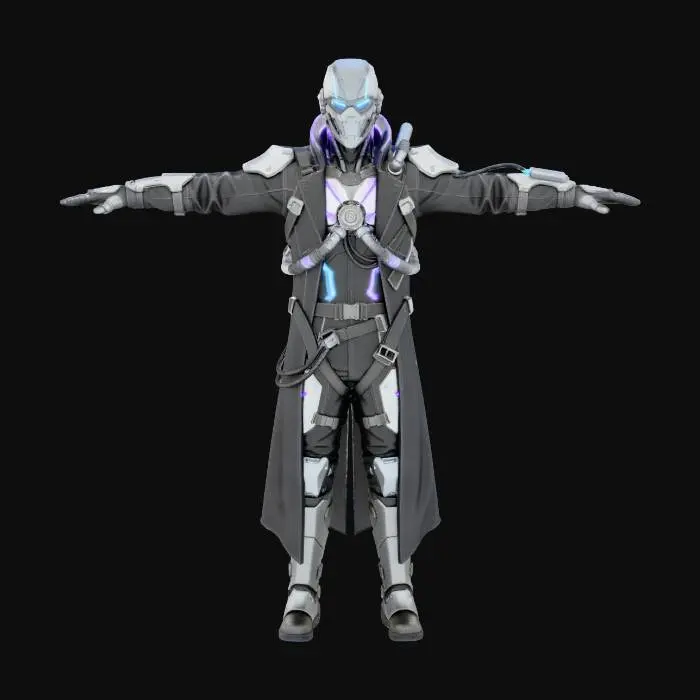 3D model for High-detail 3D cyberpunk character inspired by Cyberpunk 2077, full body, T-pose, cinematic quality.
Futuristic gothic aesthetic: dark silhouettes, sharp shapes, industrial cybernetic implants, glowing neon accents.
Techwear outfit mixed with gothic elements: leather, metal plates, cables, mechanical details.
Space-inspired design: vacuum-adapted suit parts, reinforced materials, sci-fi life-support elements.
Dark color palette (black, deep purple, crimson, cold neon highlights).
High poly sculpt, clean topology, sharp details.
Advanced PBR materials, realistic metal, leather and fabric shaders.
Studio lighting, neutral background, no environment, ultra sharp, film-level realism.