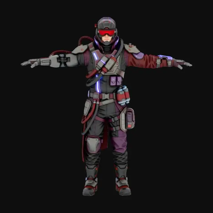 3D model for One High-detail 3D cyberpunk character inspired by Cyberpunk 2077, full body, T-pose, cinematic quality.
Dark gothic sci-fi aesthetic with industrial mood, asymmetrical shapes and sharp details.
Randomized techwear outfits mixed with gothic elements: leather, metal plates, cables, implants, mechanical limbs, glowing tech.
Space-adapted gear with reinforced materials and life-support elements, no backpack.
Dark color palette (black, deep purple, crimson) with controlled neon accents.
High poly sculpt, clean topology, advanced PBR materials.
Studio lighting, neutral background, no environment, ultra sharp realism.