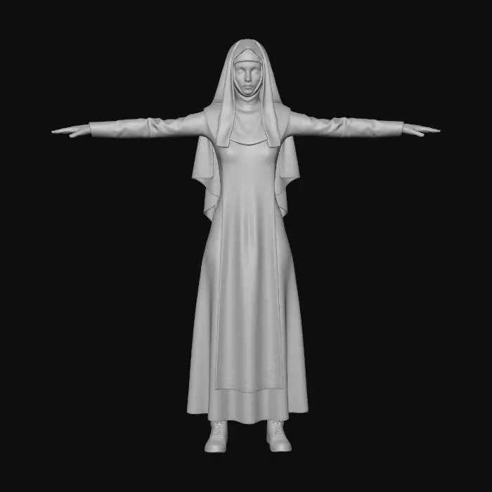 3D model for A realistic 3D gothic religious woman character, full body, perfectly centered, T-pose, arms fully extended horizontally, legs straight and slightly apart. Neutral facial expression. Wearing dark religious garments inspired by a gothic nun habit, long sleeves, layered fabrics, subtle embroidered details. Feminine silhouette with natural, realistic proportions, elegant and modest curves. Pale skin, sharp facial features, dark eyes. Plain neutral background (pure white or light gray), no environment, no props. Even studio lighting, soft shadows only under feet, no dramatic contrast. Ultra-high detail textures, clean edges, realistic cloth folds, scan-like quality, optimized for 3D character reconstruction.