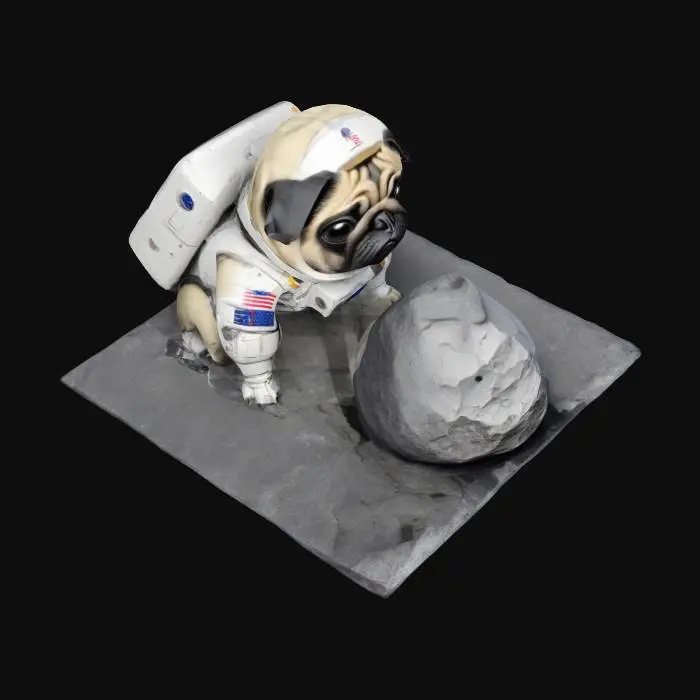3D model for crea un modelo de un pug astronauta junto a un robot pug de la luna encima de una roca con forma de pug