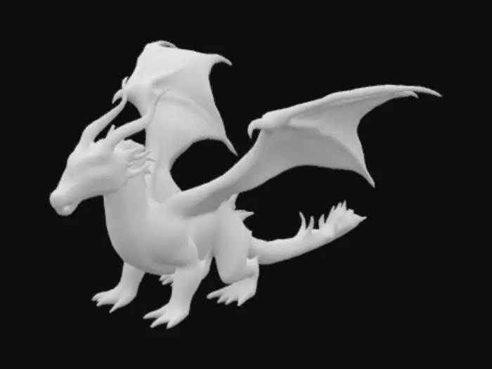 3D model for Create a majestic Fire Dragon with an intimidating presence, covered in molten lava-like scales that glow in shades of deep red, orange, and black. Its wings should be vast and edged with flame-like patterns that flicker realistically. The dragon's eyes must emit an intense fiery glow, and it should have curved, obsidian-like horns with intricate flame engravings. The claws should be razor-sharp with a molten effect, and the tail should end with sharp, flame-engulfed spikes.Include dynamic fire
