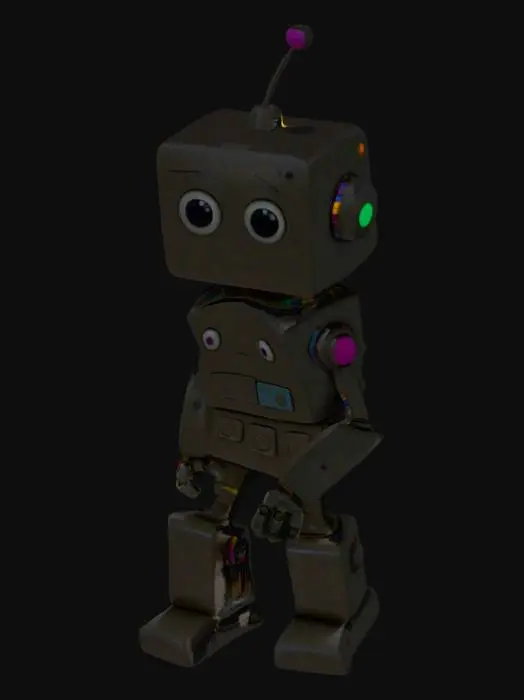 3D model for A child's crayon drawing of a friendly humanoid robot, big round eyes, square body, colorful buttons, uneven lines, playful proportions, bright colors, drawn on white paper
