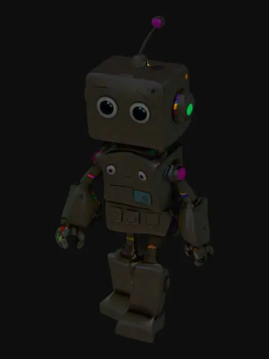 3D model for A child's crayon drawing of a friendly humanoid robot, big round eyes, square body, colorful buttons, uneven lines, playful proportions, bright colors, drawn on white paper
