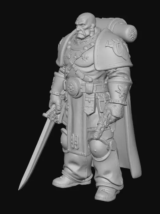 3D model for warhammer 40k miniature of capten Titus of ultra marines with hainsowrd in his left hand and a bolter gun in the other hand