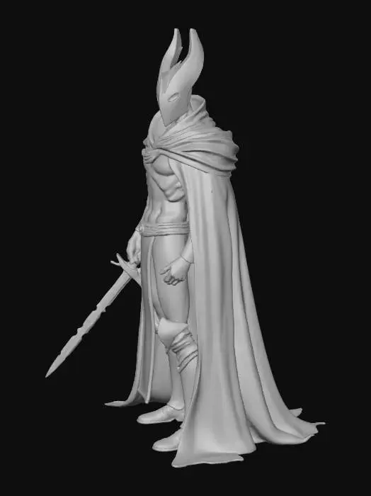 3D model for Stylized hollow knight with a smooth white horned mask, dark flowing cloak, and a thin nail-sword. Standing in a heroic pose, cloak fluttering, simple clean shapes, minimalistic Hollow-Knight style.