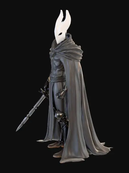 3D model for Stylized hollow knight with a smooth white horned mask, dark flowing cloak, and a thin nail-sword. Standing in a heroic pose, cloak fluttering, simple clean shapes, minimalistic Hollow-Knight style.