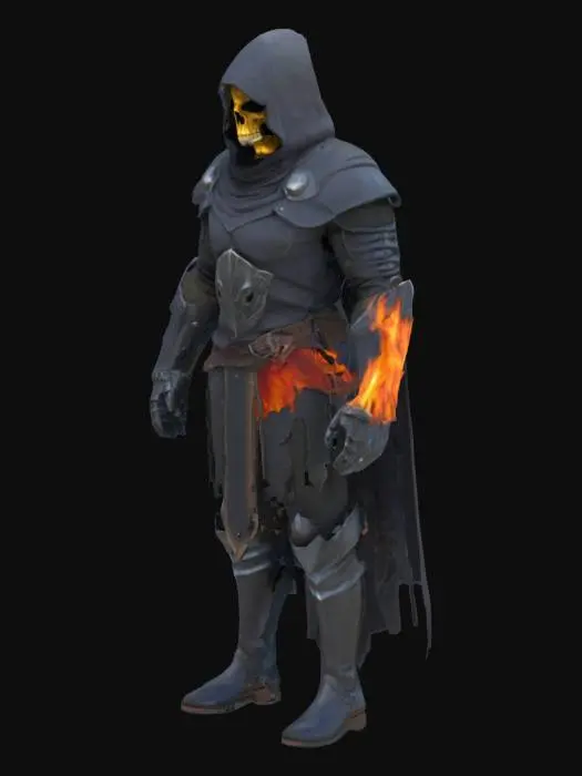 3D model for #AroundTheWorld#, knight , obsidian texture armor , skull mask on face , hood , big muscles , short torned cape , long boots , flames