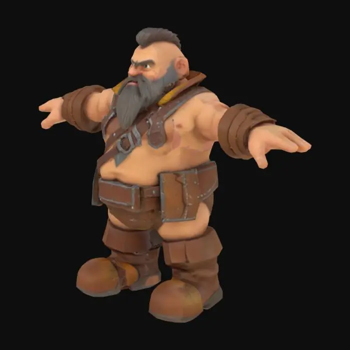 3D model for dwarf , minion , muscles , armor , low poly , T Pose , big boots , #AroundTheWorld# , brown leather clothes