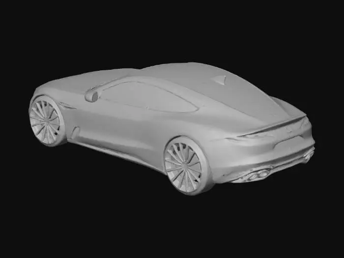 3D model for A sleek, modern sports car, rendered in a lustrous dark metallic blue finish that gleams under the light. Its aerodynamic body is crafted from polished high-strength aluminum, featuring sharp lines and subtle curves. Tinted windows add to its mystique, while the large, multi-spoke alloy wheels with low-profile, textured rubber tires hint at performance. Chrome accents adorn the grille and trim, complementing the vehicle's sophisticated aesthetic.