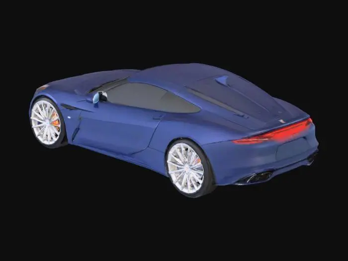 3D model for A sleek, modern sports car, rendered in a lustrous dark metallic blue finish that gleams under the light. Its aerodynamic body is crafted from polished high-strength aluminum, featuring sharp lines and subtle curves. Tinted windows add to its mystique, while the large, multi-spoke alloy wheels with low-profile, textured rubber tires hint at performance. Chrome accents adorn the grille and trim, complementing the vehicle's sophisticated aesthetic.