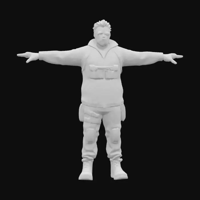 3D model for Fortnite-style HVT character in a bold tracksuit (red, teal, or royal blue) with white stripes. Civilian-PMC hybrid look—add a chest holster, radio pouch, tactical gloves, and light body armor over the suit. Character has a scruffy beard, smug expression, and sunglasses or a headset. Slightly dirty, worn look.  Urban background feel. T-pose or A-pose, full body, centered, neutral lighting. Clearly readable as a unique, high-value target.