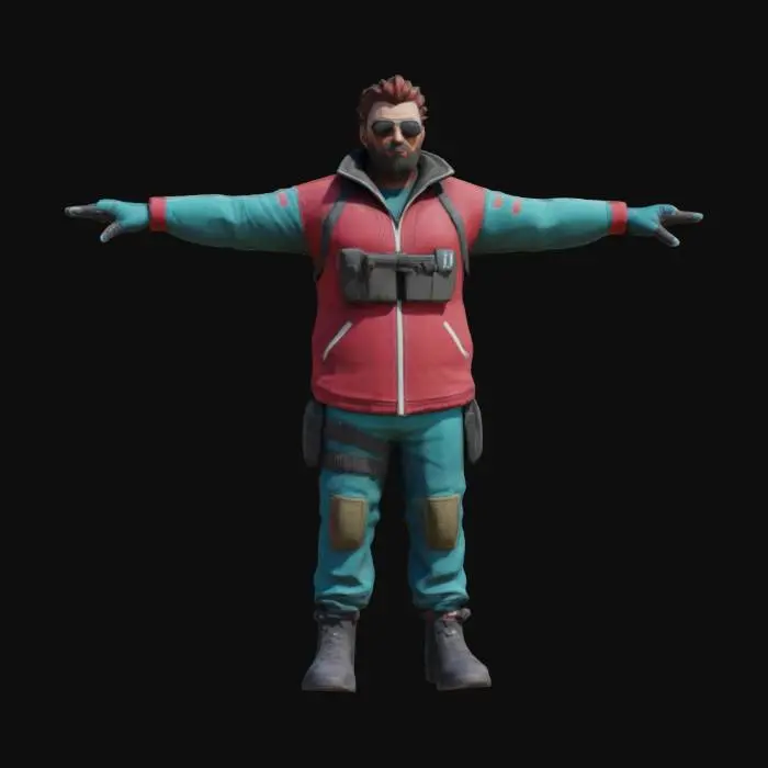 3D model for Fortnite-style HVT character in a bold tracksuit (red, teal, or royal blue) with white stripes. Civilian-PMC hybrid look—add a chest holster, radio pouch, tactical gloves, and light body armor over the suit. Character has a scruffy beard, smug expression, and sunglasses or a headset. Slightly dirty, worn look.  Urban background feel. T-pose or A-pose, full body, centered, neutral lighting. Clearly readable as a unique, high-value target.
