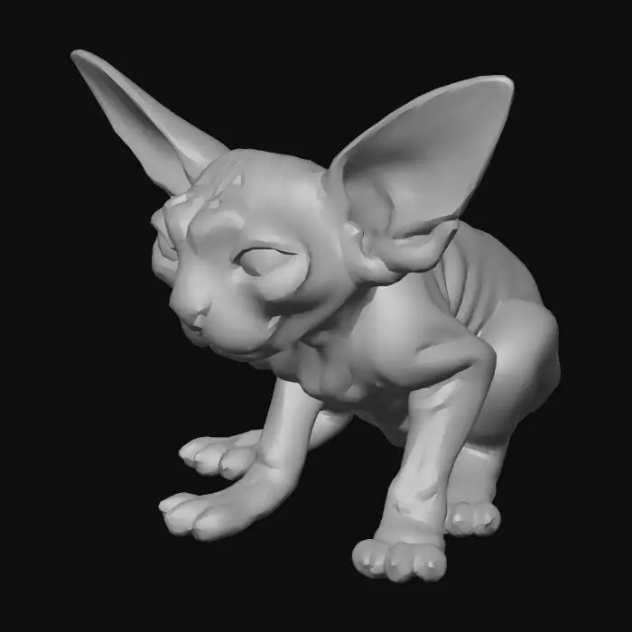 3D model for A hairless pink Sphynx cat with exaggerated, almost unsettling features. His skin is pale, fleshy pink with visible mottling — uneven tones of blush, pale rose, and slightly darker patches around the joints. The skin looks thin and delicate, stretched tightly over sharp cheekbones and a narrow skull, with deep wrinkles folding around his neck, shoulders, and legs like soft, sagging velvet.

His body is skinny but wiry, with long spindly limbs and slightly oversized paws. Subtle veins faintly trace beneath the surface of his translucent skin, especially around his temples and ears. His ears are enormous — bat-like and semi-translucent — with thin pink cartilage visible inside and small creases along the edges. The ear tips are slightly tattered-looking, not damaged, just naturally uneven.