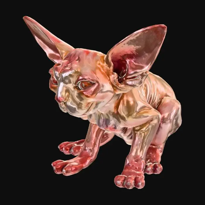 3D model for A hairless pink Sphynx cat with exaggerated, almost unsettling features. His skin is pale, fleshy pink with visible mottling — uneven tones of blush, pale rose, and slightly darker patches around the joints. The skin looks thin and delicate, stretched tightly over sharp cheekbones and a narrow skull, with deep wrinkles folding around his neck, shoulders, and legs like soft, sagging velvet.

His body is skinny but wiry, with long spindly limbs and slightly oversized paws. Subtle veins faintly trace beneath the surface of his translucent skin, especially around his temples and ears. His ears are enormous — bat-like and semi-translucent — with thin pink cartilage visible inside and small creases along the edges. The ear tips are slightly tattered-looking, not damaged, just naturally uneven.