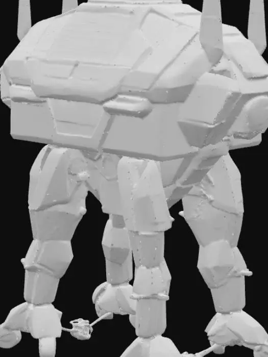 3D model for A massive, futuristic, AI-controlled mobile fortress standing in a dark, stormy environment. The structure is a blend of sleek alien technology and advanced military design, towering several hundred meters tall. Its surface is made of adaptive nanoshield armor with shifting geometric patterns and glowing blue and red circuitry lines. Multiple articulated legs and heavy treads allow it to move across any terrain, with thruster ports for hovering. The upper structure houses rotating communication spires, weapon arrays, and drone bays. Several hovering drones with sharp angular designs orbit the fortress. The atmosphere around it crackles with energy, with arcs of electricity connecting towers and a faint holographic shield dome partially visible.