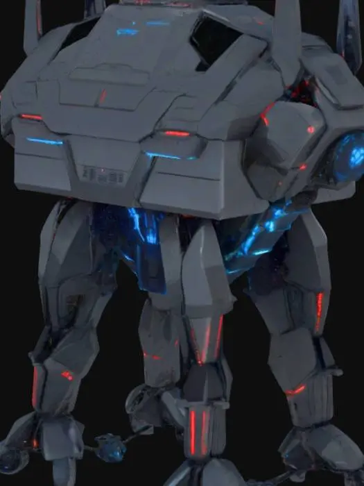 3D model for A massive, futuristic, AI-controlled mobile fortress standing in a dark, stormy environment. The structure is a blend of sleek alien technology and advanced military design, towering several hundred meters tall. Its surface is made of adaptive nanoshield armor with shifting geometric patterns and glowing blue and red circuitry lines. Multiple articulated legs and heavy treads allow it to move across any terrain, with thruster ports for hovering. The upper structure houses rotating communication spires, weapon arrays, and drone bays. Several hovering drones with sharp angular designs orbit the fortress. The atmosphere around it crackles with energy, with arcs of electricity connecting towers and a faint holographic shield dome partially visible.