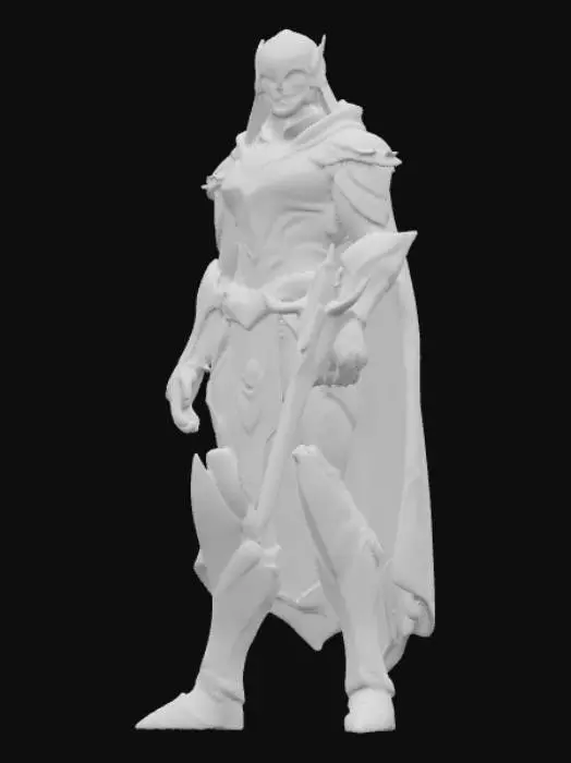 3D model for A hyper-realistic 3D model of a superhuman warrior. Male, towering 7 feet tall with an athletic yet muscular build. His skin glows faintly with silver and gold patterns like flowing energy veins. Eyes are radiant white, without pupils, emanating an intense aura of dominance. He wears futuristic black and gold armor that fuses ancient royal design with advanced technology, with glowing lines across the chest and gauntlets. A long flowing cape of dark obsidian fabric with golden trim. His right arm transforms into a living energy blade, crackling with plasma.