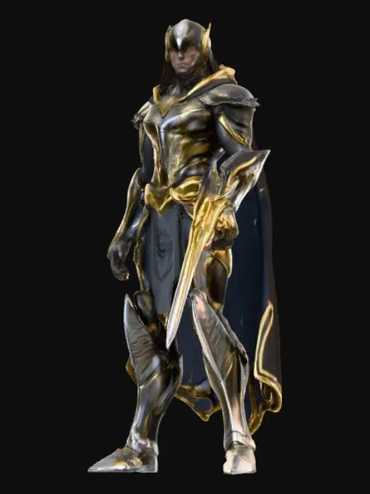 3D model for A hyper-realistic 3D model of a superhuman warrior. Male, towering 7 feet tall with an athletic yet muscular build. His skin glows faintly with silver and gold patterns like flowing energy veins. Eyes are radiant white, without pupils, emanating an intense aura of dominance. He wears futuristic black and gold armor that fuses ancient royal design with advanced technology, with glowing lines across the chest and gauntlets. A long flowing cape of dark obsidian fabric with golden trim. His right arm transforms into a living energy blade, crackling with plasma.