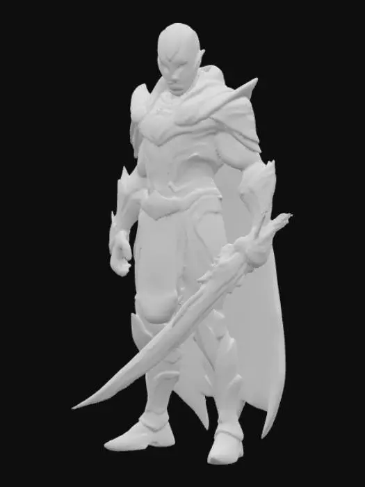 3D model for A hyper-realistic 3D model of a superhuman warrior. Male, towering 7 feet tall with an athletic yet muscular build. His skin glows faintly with silver and gold patterns like flowing energy veins. Eyes are radiant white, without pupils, emanating an intense aura of dominance. He wears futuristic black and gold armor that fuses ancient royal design with advanced technology, with glowing lines across the chest and gauntlets. A long flowing cape of dark obsidian fabric with golden trim. His right arm transforms into a living energy blade, crackling with plasma.