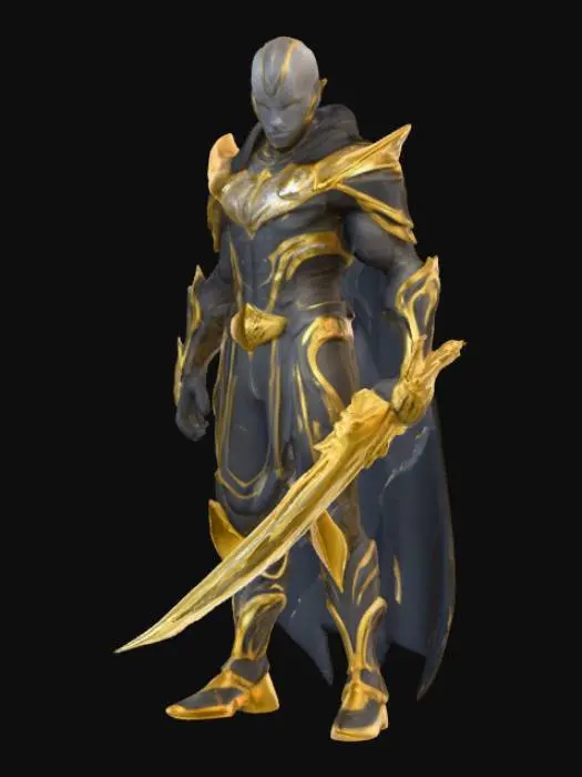3D model for A hyper-realistic 3D model of a superhuman warrior. Male, towering 7 feet tall with an athletic yet muscular build. His skin glows faintly with silver and gold patterns like flowing energy veins. Eyes are radiant white, without pupils, emanating an intense aura of dominance. He wears futuristic black and gold armor that fuses ancient royal design with advanced technology, with glowing lines across the chest and gauntlets. A long flowing cape of dark obsidian fabric with golden trim. His right arm transforms into a living energy blade, crackling with plasma.