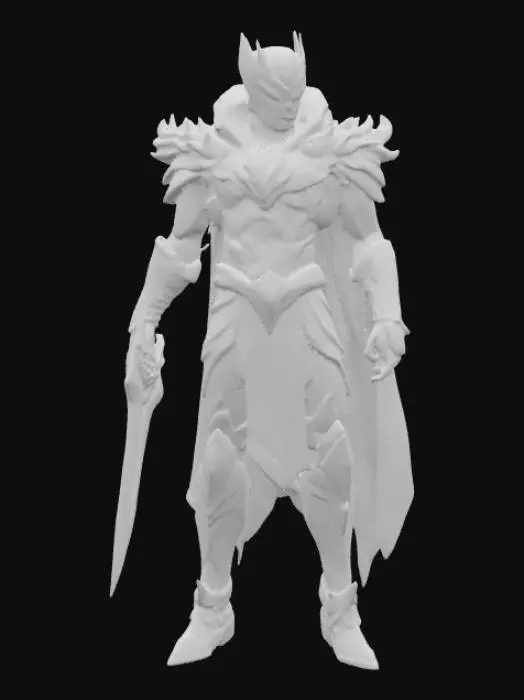 3D model for A hyper-realistic 3D model of a superhuman warrior. Male, towering 7 feet tall with an athletic yet muscular build. His skin glows faintly with silver and gold patterns like flowing energy veins. Eyes are radiant white, without pupils, emanating an intense aura of dominance. He wears futuristic black and gold armor that fuses ancient royal design with advanced technology, with glowing lines across the chest and gauntlets. A long flowing cape of dark obsidian fabric with golden trim. His right arm transforms into a living energy blade, crackling with plasma.