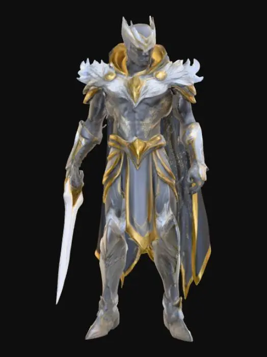 3D model for A hyper-realistic 3D model of a superhuman warrior. Male, towering 7 feet tall with an athletic yet muscular build. His skin glows faintly with silver and gold patterns like flowing energy veins. Eyes are radiant white, without pupils, emanating an intense aura of dominance. He wears futuristic black and gold armor that fuses ancient royal design with advanced technology, with glowing lines across the chest and gauntlets. A long flowing cape of dark obsidian fabric with golden trim. His right arm transforms into a living energy blade, crackling with plasma.
