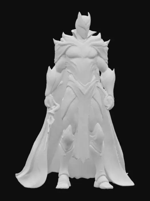 3D model for A hyper-realistic 3D model of a superhuman warrior. Male, towering 7 feet tall with an athletic yet muscular build. His skin glows faintly with silver and gold patterns like flowing energy veins. Eyes are radiant white, without pupils, emanating an intense aura of dominance. He wears futuristic black and gold armor that fuses ancient royal design with advanced technology, with glowing lines across the chest and gauntlets. A long flowing cape of dark obsidian fabric with golden trim. His right arm transforms into a living energy blade, crackling with plasma.