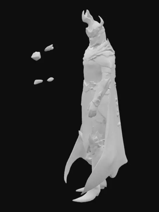 3D model for Ultra-detailed character design of a superhuman. A tall, regal warrior clad in black and gold celestial armor with glowing etchings, a flowing crimson cape, and a crown-like helm radiating divine energy. His piercing silver eyes glow with absolute authority. He stands with an aura of dominance and command, surrounded by floating shards of shattered cosmic stone orbiting around him.