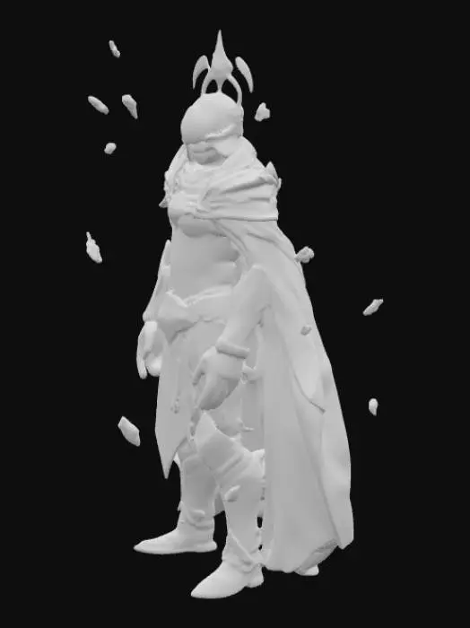 3D model for Ultra-detailed character design of a superhuman. A tall, regal warrior clad in black and gold celestial armor with glowing etchings, a flowing crimson cape, and a crown-like helm radiating divine energy. His piercing silver eyes glow with absolute authority. He stands with an aura of dominance and command, surrounded by floating shards of shattered cosmic stone orbiting around him.