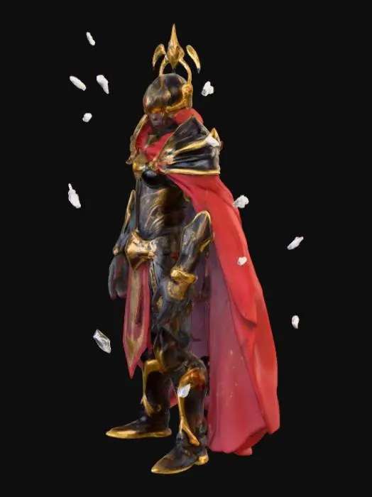 3D model for Ultra-detailed character design of a superhuman. A tall, regal warrior clad in black and gold celestial armor with glowing etchings, a flowing crimson cape, and a crown-like helm radiating divine energy. His piercing silver eyes glow with absolute authority. He stands with an aura of dominance and command, surrounded by floating shards of shattered cosmic stone orbiting around him.