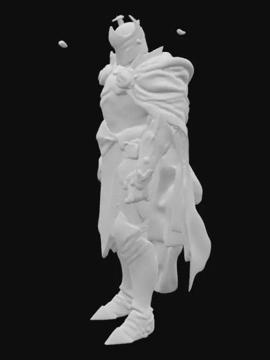 3D model for Ultra-detailed character design of a superhuman. A tall, regal warrior clad in black and gold celestial armor with glowing etchings, a flowing crimson cape, and a crown-like helm radiating divine energy. His piercing silver eyes glow with absolute authority. He stands with an aura of dominance and command, surrounded by floating shards of shattered cosmic stone orbiting around him.