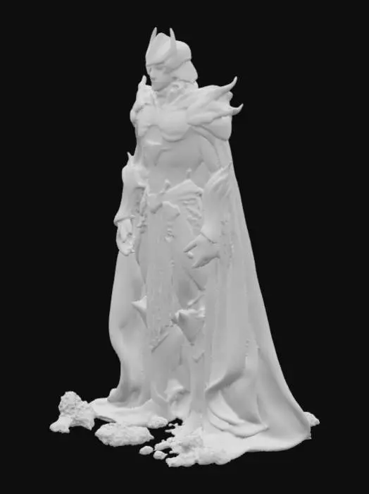 3D model for Ultra-detailed character design of a superhuman. A tall, regal warrior clad in black and gold celestial armor with glowing etchings, a flowing crimson cape, and a crown-like helm radiating divine energy. His piercing silver eyes glow with absolute authority. He stands with an aura of dominance and command, surrounded by floating shards of shattered cosmic stone orbiting around him.