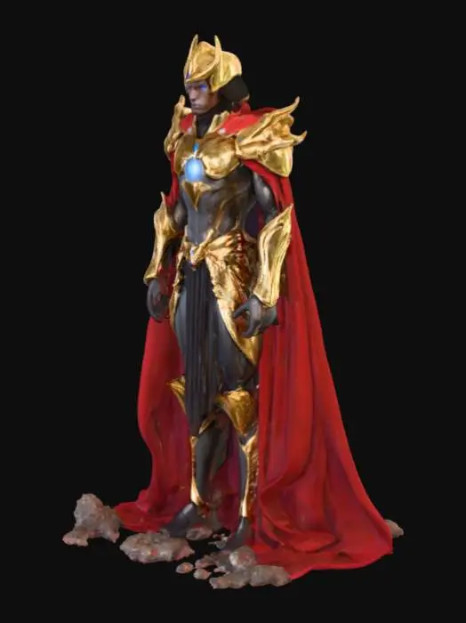 3D model for Ultra-detailed character design of a superhuman. A tall, regal warrior clad in black and gold celestial armor with glowing etchings, a flowing crimson cape, and a crown-like helm radiating divine energy. His piercing silver eyes glow with absolute authority. He stands with an aura of dominance and command, surrounded by floating shards of shattered cosmic stone orbiting around him.