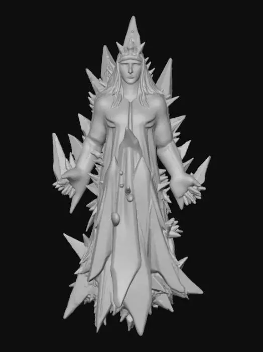 3D model for A menacing ethereal crystalline sorcerer floats ominously, its form composed entirely of jagged, translucent purple and blue crystals. Each sharp facet catches and refracts light, revealing a faint, shadowy humanoid silhouette suspended within the depths of the crystalline structure. Its extended hands surge with crackling raw arcane energy, a visible manifestation of dark magical power, giving its glowing fingertips an intense, volatile appearance.