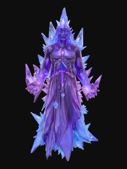 3D model for A menacing ethereal crystalline sorcerer floats ominously, its form composed entirely of jagged, translucent purple and blue crystals. Each sharp facet catches and refracts light, revealing a faint, shadowy humanoid silhouette suspended within the depths of the crystalline structure. Its extended hands surge with crackling raw arcane energy, a visible manifestation of dark magical power, giving its glowing fingertips an intense, volatile appearance.