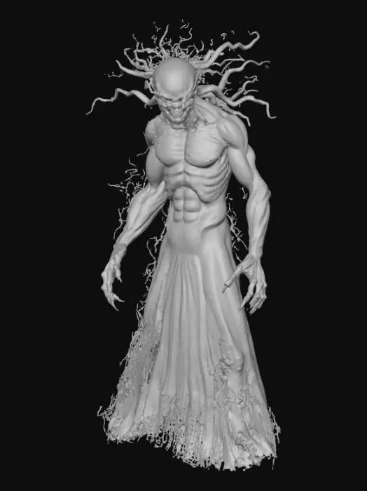 3D model for A menacing Nightmare Weaver emerges, its gaunt humanoid form shrouded in swirling, inky black mist that constantly churns around its silhouette. Two intensely glowing red eyes pierce through the darkness, fixed with an unsettling stare. Impossibly long, skeletal fingers extend outwards, tipped with razor-sharp claws. Whisper-thin tendrils of shadow unfurl from its body, writhing and twisting like dark smoke, enhancing its psychologically terrifying and dark horror aesthetic.