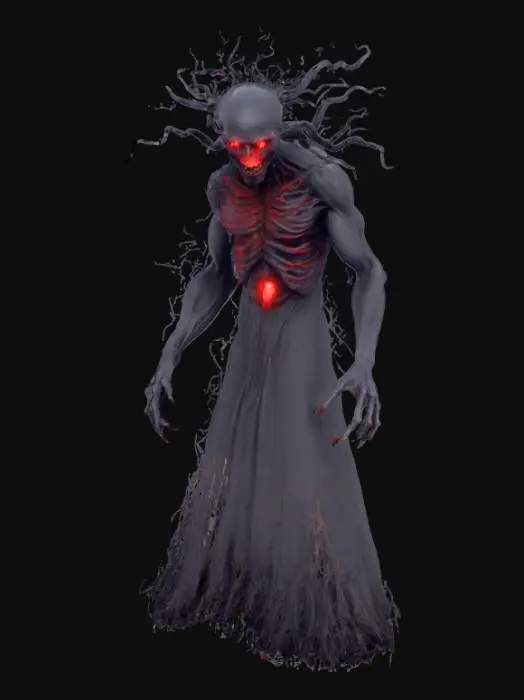 3D model for A menacing Nightmare Weaver emerges, its gaunt humanoid form shrouded in swirling, inky black mist that constantly churns around its silhouette. Two intensely glowing red eyes pierce through the darkness, fixed with an unsettling stare. Impossibly long, skeletal fingers extend outwards, tipped with razor-sharp claws. Whisper-thin tendrils of shadow unfurl from its body, writhing and twisting like dark smoke, enhancing its psychologically terrifying and dark horror aesthetic.