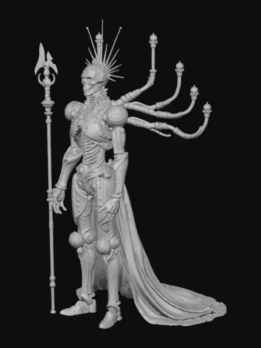 3D model for A formidable Grand Mechanist Overlord stands as an intricate clockwork automaton, its robust form crafted from polished brass and dark wrought iron plating. Interspersed across its body are glowing arcane steam vents, emitting ethereal light and vapor. Complex internal gears and delicate mechanisms are visible, perpetually whirring behind transparent glass panels. It features multiple articulated mechanical arms, each jointed and functional, and wields a prominent tesla-coil staff, crackling with contained energy.