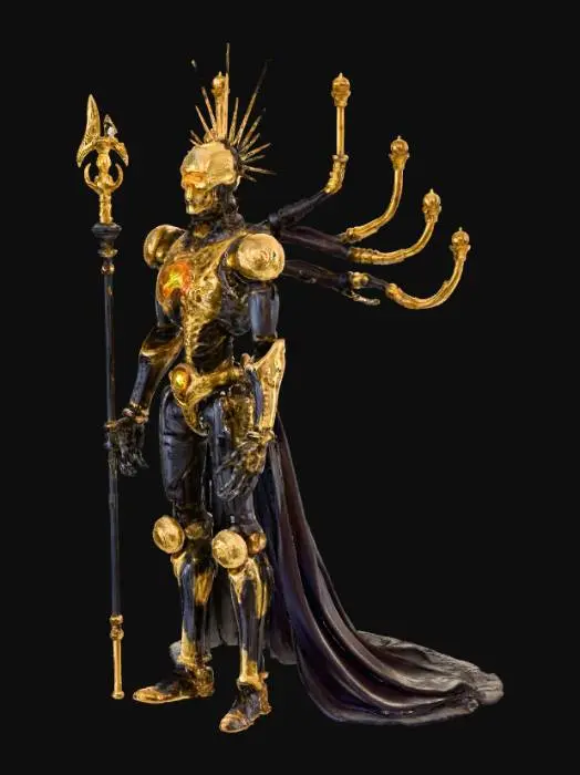 3D model for A formidable Grand Mechanist Overlord stands as an intricate clockwork automaton, its robust form crafted from polished brass and dark wrought iron plating. Interspersed across its body are glowing arcane steam vents, emitting ethereal light and vapor. Complex internal gears and delicate mechanisms are visible, perpetually whirring behind transparent glass panels. It features multiple articulated mechanical arms, each jointed and functional, and wields a prominent tesla-coil staff, crackling with contained energy.