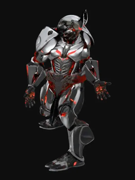 3D model for A menacing, colossally armored Cybernetic Warlord villain in an aggressive, battle-ready A-Pose. This towering figure is encased in intricately segmented, sleek black reinforced chrome, interwoven with heavily battle-scarred, brushed titanium plating. Integrated into its formidable chassis are pulsating, glowing crimson energy conduits that vividly snake across its entire form, powering its augmented systems. His right arm terminates in a devastating, oversized, multi-barreled plasma cannon, which is constantly crackling with volatile, arcing blue electrical energy. The left arm wields a brutal, serrated vibro-axe, its edge humming with a faint, shimmering emerald green glow and leaving subtle energy trails. Its helmet is a grim, angular, predatory skull mask, #villain#