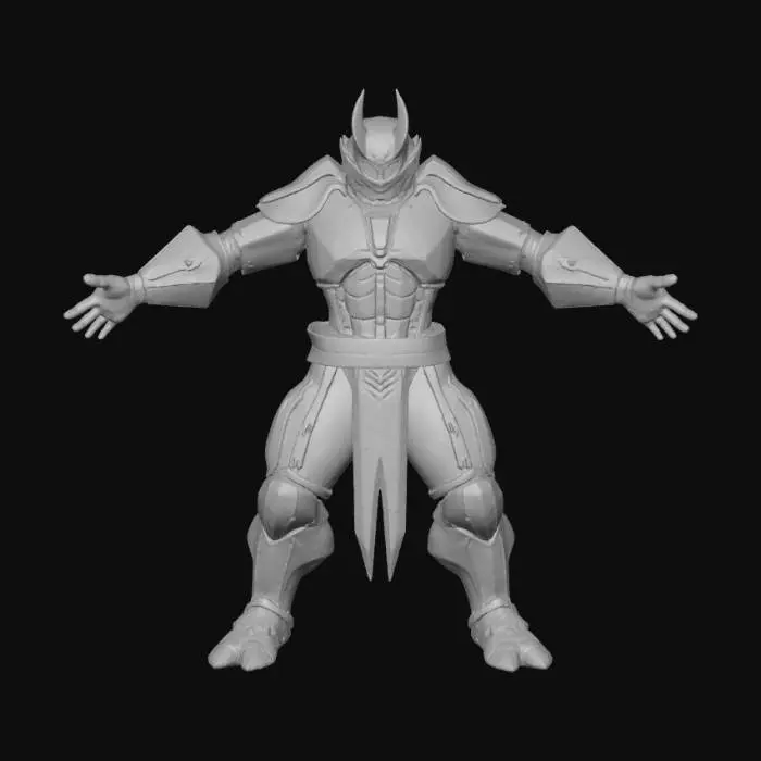 3D model for A menacing, colossally armored Cybernetic Warlord villain in an aggressive, battle-ready A-Pose. This towering figure is encased in intricately segmented, sleek black reinforced chrome, interwoven with heavily battle-scarred, brushed titanium plating. Integrated into its formidable chassis are pulsating, glowing crimson energy conduits that vividly snake across its entire form, powering its augmented systems. His right arm terminates in a devastating, oversized, multi-barreled plasma cannon, which is constantly crackling with volatile, arcing blue electrical energy. The left arm wields a brutal, serrated vibro-axe, its edge humming with a faint, shimmering emerald green glow and leaving subtle energy trails. Its helmet is a grim, angular, predatory skull mask, #villain#