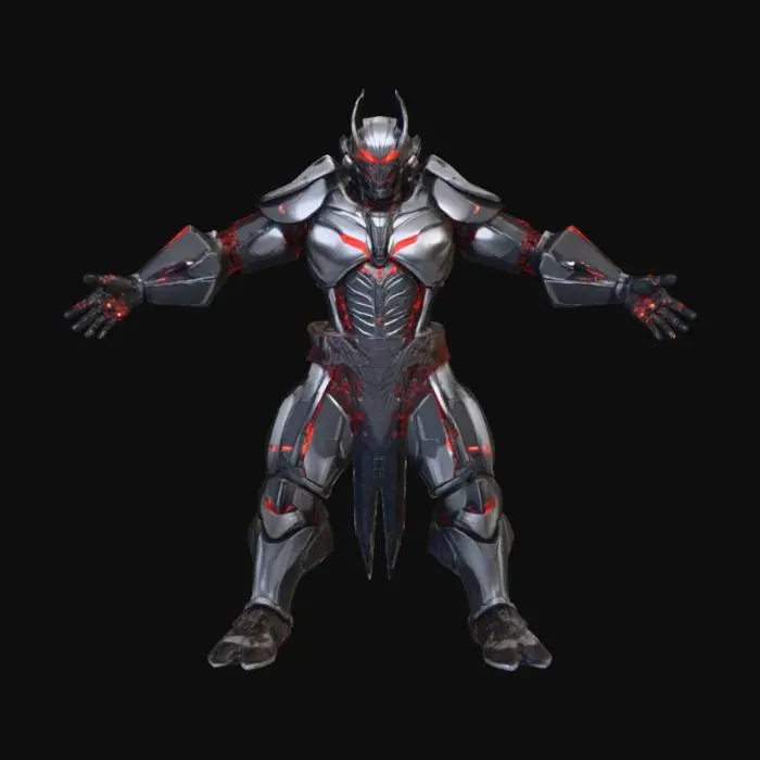 3D model for A menacing, colossally armored Cybernetic Warlord villain in an aggressive, battle-ready A-Pose. This towering figure is encased in intricately segmented, sleek black reinforced chrome, interwoven with heavily battle-scarred, brushed titanium plating. Integrated into its formidable chassis are pulsating, glowing crimson energy conduits that vividly snake across its entire form, powering its augmented systems. His right arm terminates in a devastating, oversized, multi-barreled plasma cannon, which is constantly crackling with volatile, arcing blue electrical energy. The left arm wields a brutal, serrated vibro-axe, its edge humming with a faint, shimmering emerald green glow and leaving subtle energy trails. Its helmet is a grim, angular, predatory skull mask, #villain#
