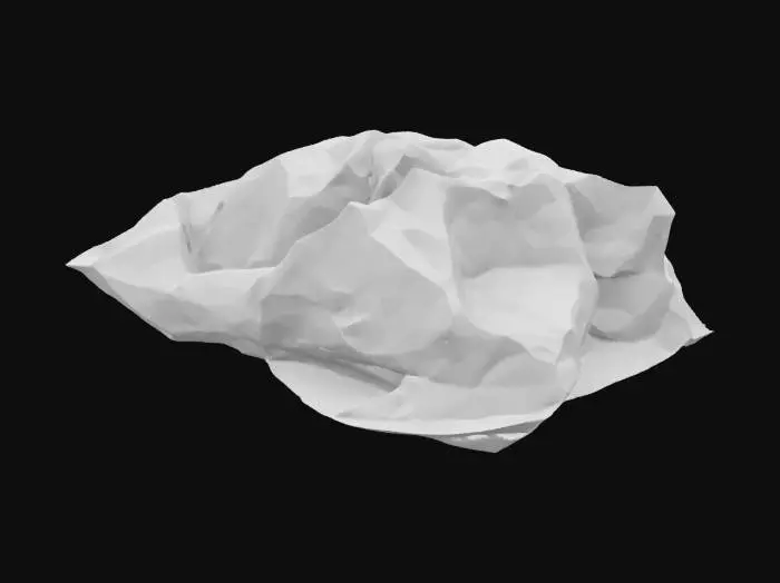 3D model for A crumpled fast-food wrapper, made of grease-stained, waxed paper, likely from a burger or fries. Its original white surface is mottled with dark yellow and brown oil stains, and faint, blurred red or green branding elements are still visible. The paper is heavily creased and flattened, with numerous sharp folds. Its texture is crinkly and somewhat slick from the grease, feeling like a dried-out, stiffened sheet.