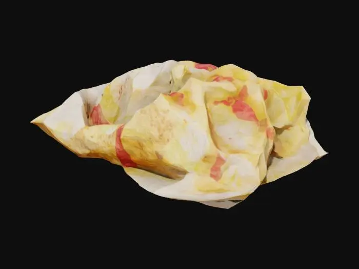 3D model for A crumpled fast-food wrapper, made of grease-stained, waxed paper, likely from a burger or fries. Its original white surface is mottled with dark yellow and brown oil stains, and faint, blurred red or green branding elements are still visible. The paper is heavily creased and flattened, with numerous sharp folds. Its texture is crinkly and somewhat slick from the grease, feeling like a dried-out, stiffened sheet.