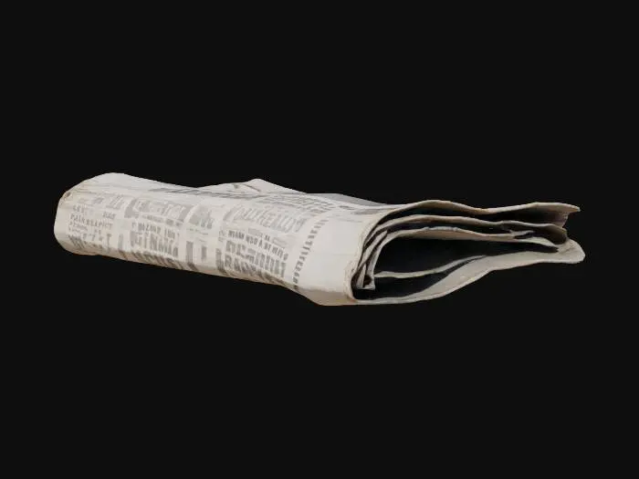 3D model for A discarded, partially unrolled newspaper section, specifically the "Daily Herald" with a headline about local news. The newsprint is a faded off-white, creased and wrinkled from being stepped on, with blurred black ink text and a grayscale photo. Portions of the paper are torn along the edges, revealing rough, fibrous paper texture. It lies slightly damp and soft in some areas, while others are dry and brittle, showing dirt smudges.
